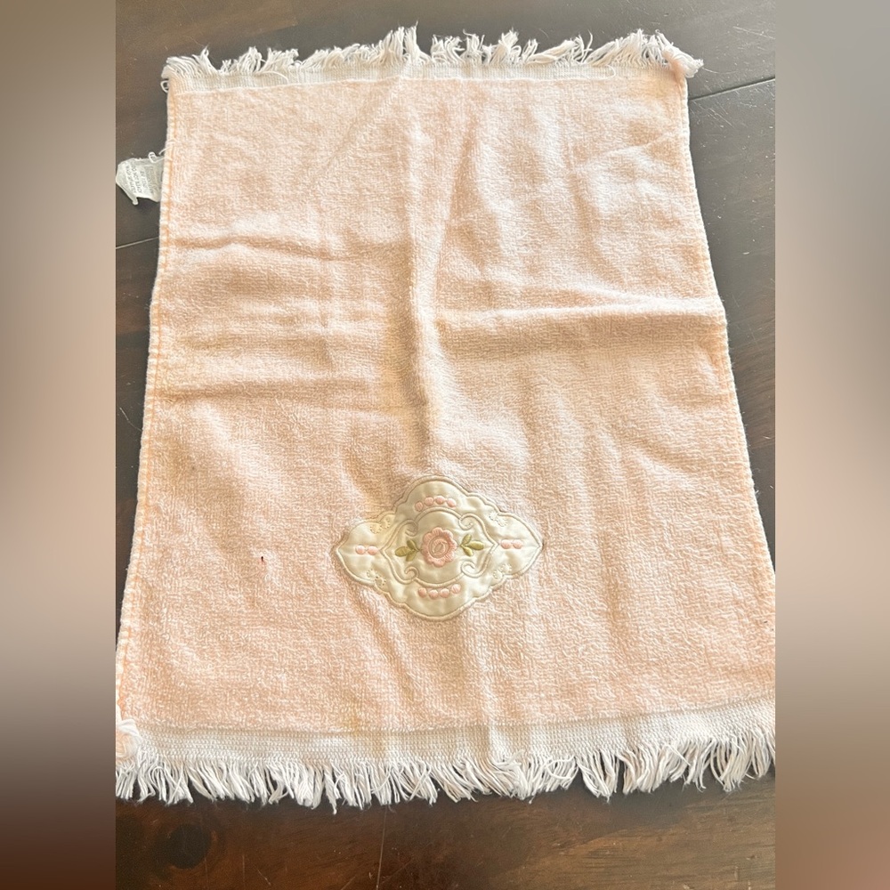Vintage Small Fringed Peach Towel with Embroidered Design